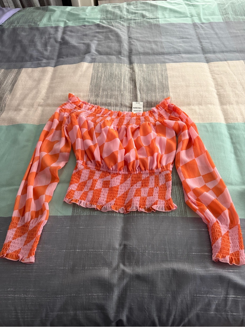 Bar III Orange and Pink Checker Smocked Off-Shoulder Crop Top